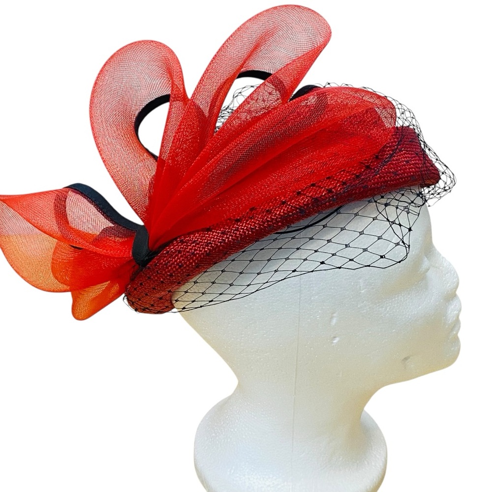 Red Fascinator Derby  Pillbox Hat Large Red bow Black edge trim Black edge Veil